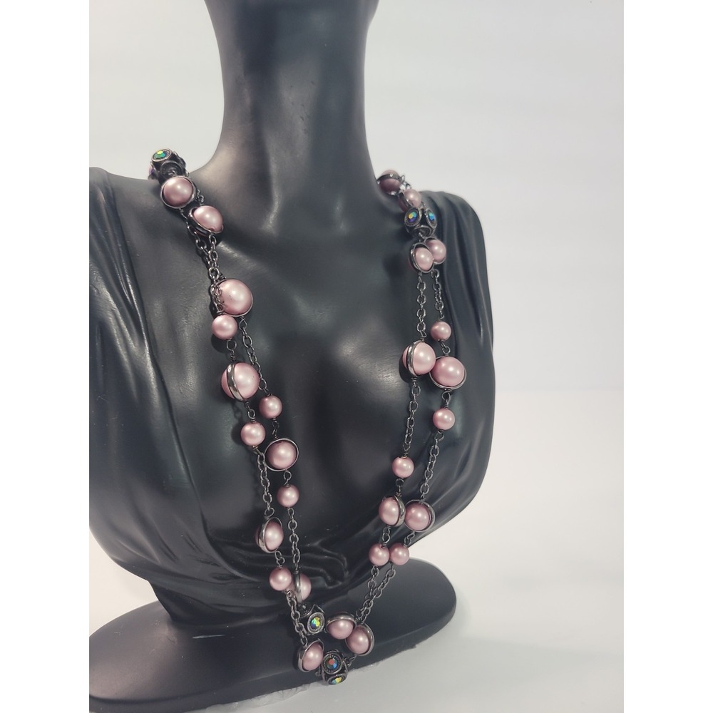 Cold water Creek Pink Bead Silver Tone Long Station Necklace Boho